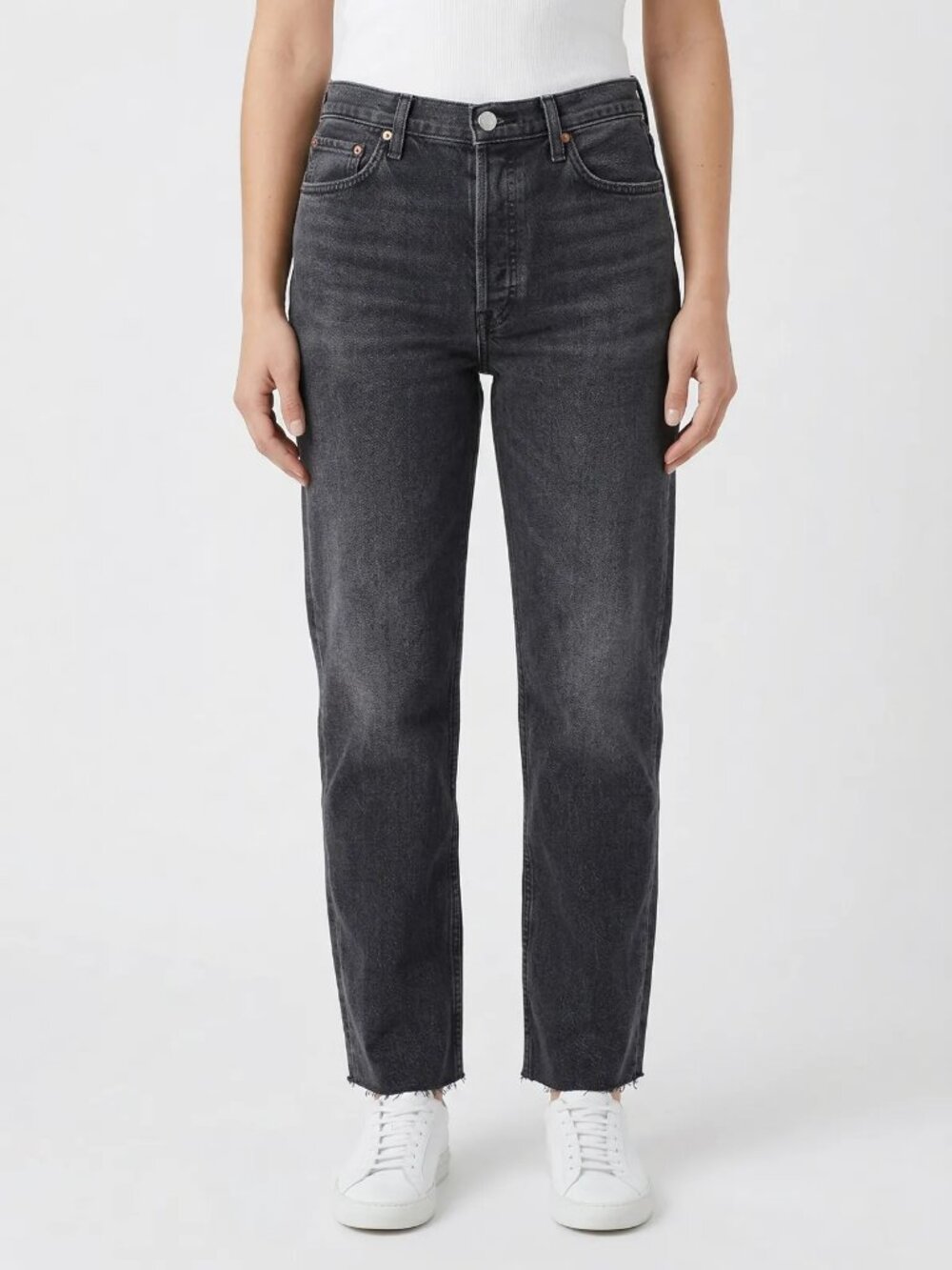 Re/Done Black Wash Stove Pipe Jeans Size 31 High Rise Straight Leg Raw Hem
